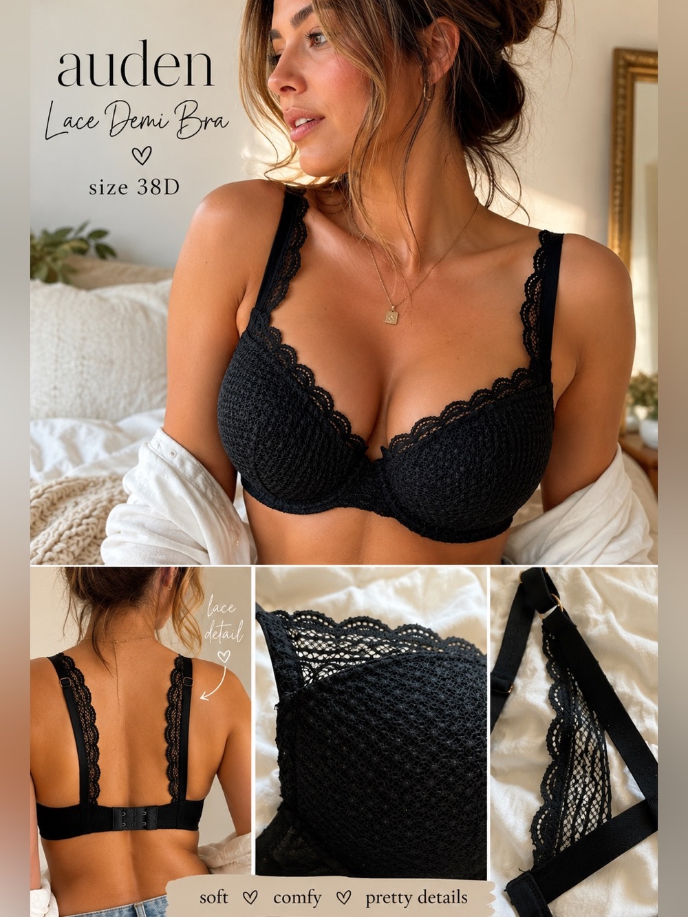 Auden Push Up Plunge Bra Black Eyelet Lace Underwire
 Size 38D